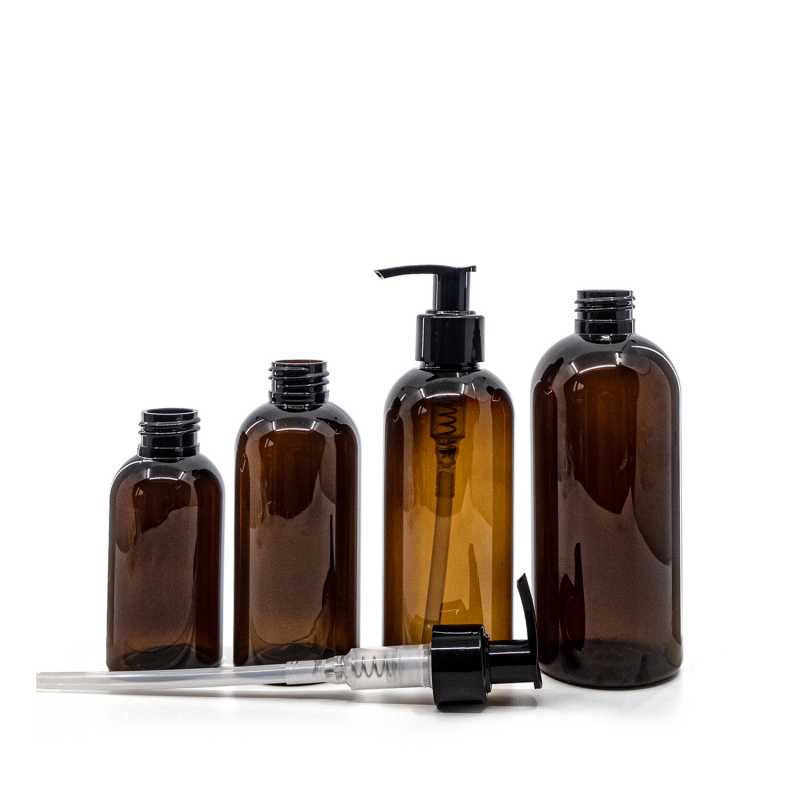 Bouteille en plastique ambrée, pompe noire, 100 ml