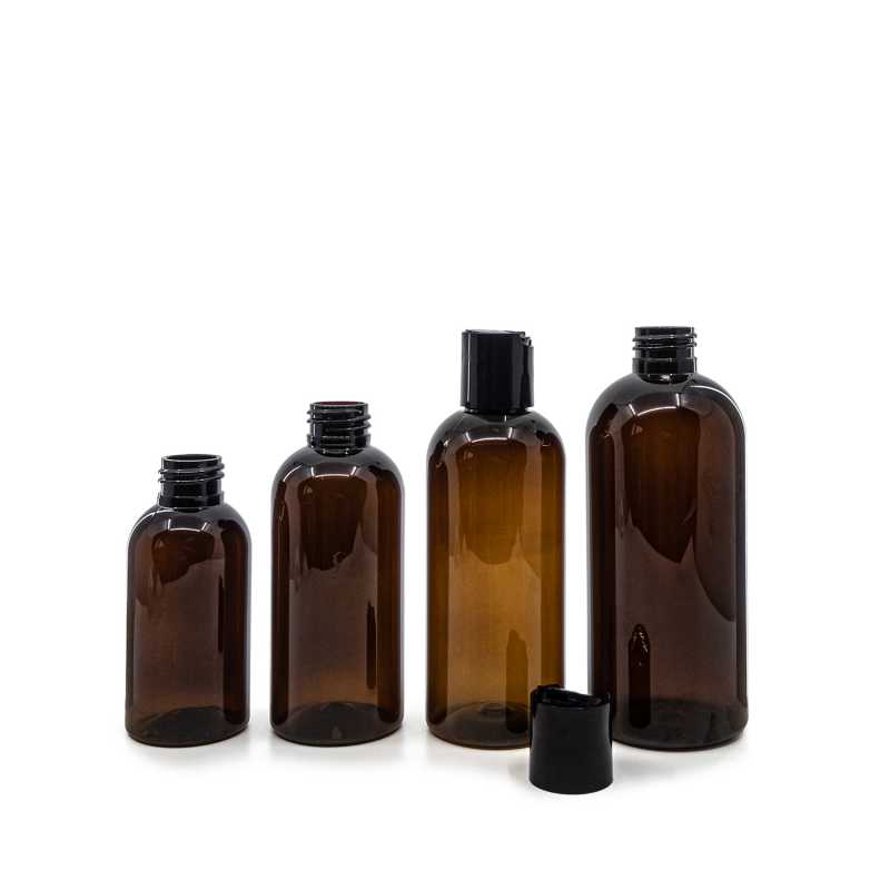 Bouteille en plastique ambrée, bouchon à disque noir, 200 ml