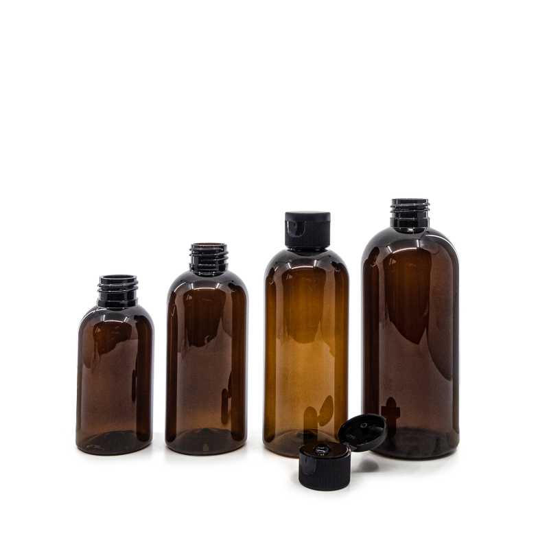 Bouteille en plastique ambrée, bouchon noir, 200 ml