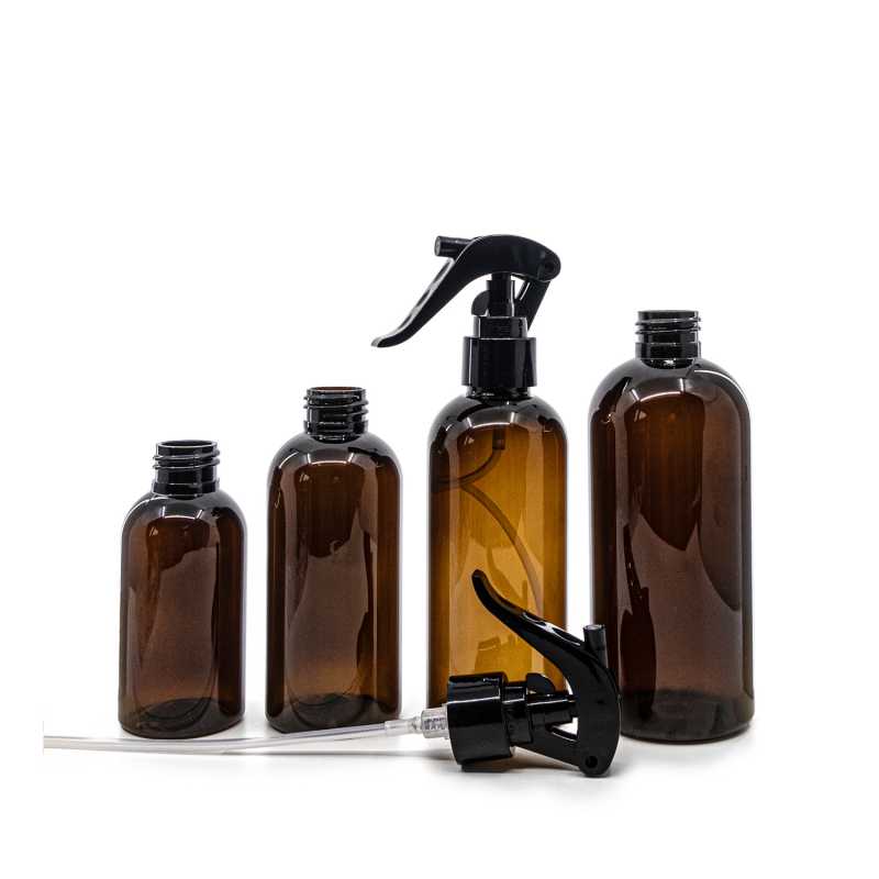 Bouteille en plastique ambrée, vaporisateur à gâchette noir, 200 ml