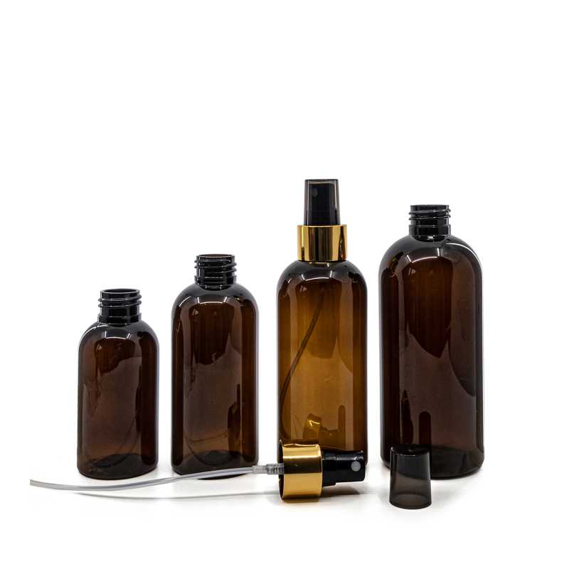 Bouteille en plastique ambrée, spray noir avec collier doré brillant, 100 ml
