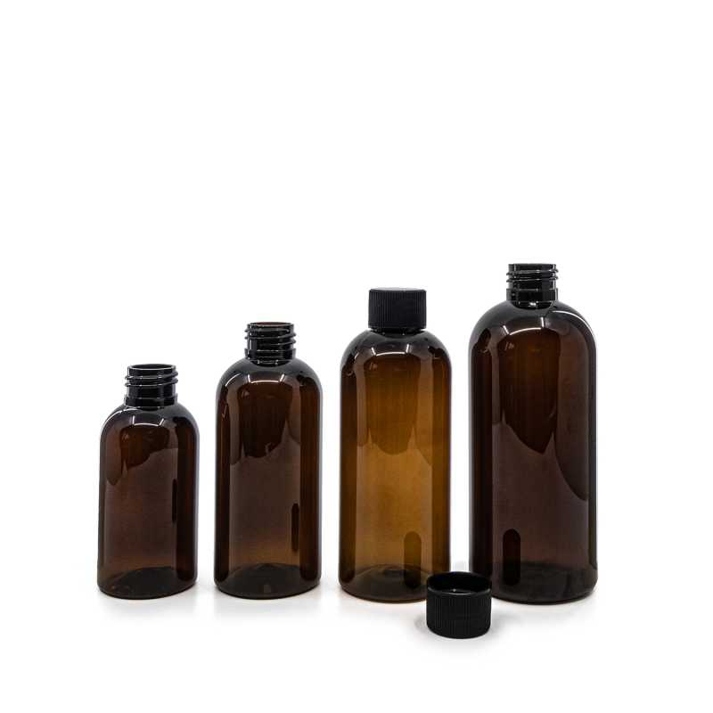 Bouteille en plastique ambrée, bouchon strié noir, 300 ml