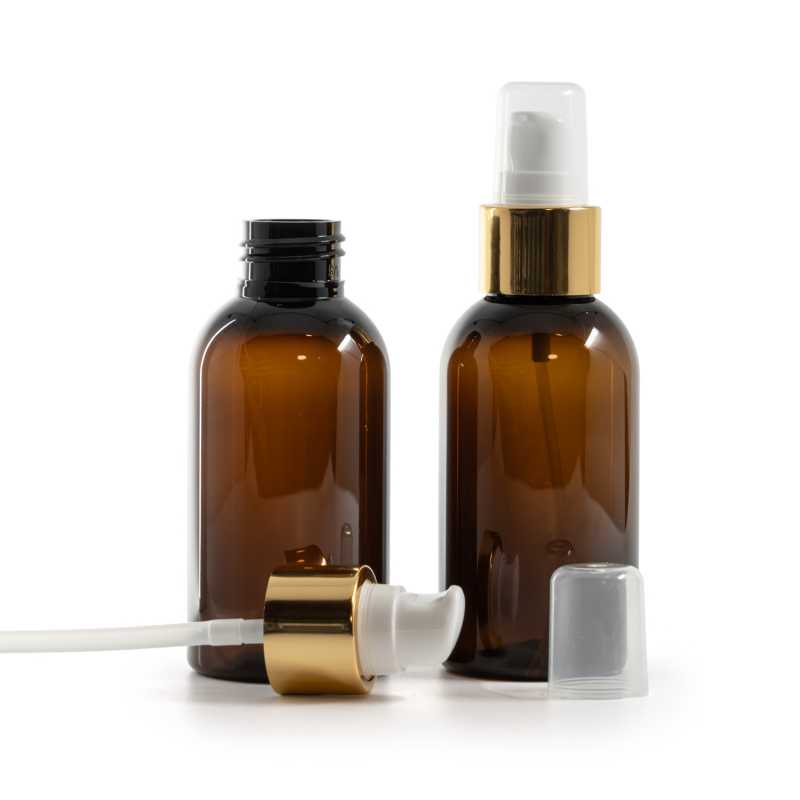 Flacon en plastique ambré, pompe à lotion blanche avec bouchon, or brillant, 100 ml