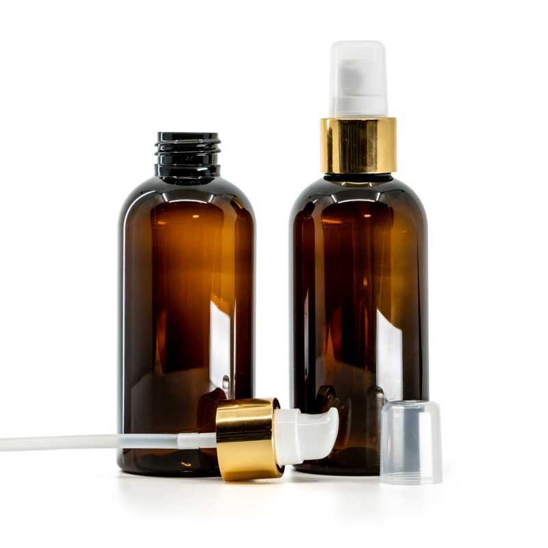 Flacon en plastique ambré, pompe à lotion blanche avec bouchon, or brillant, 150 ml