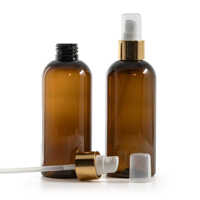 Flacon en plastique ambré, pompe à lotion blanche avec bouchon, or brillant, 200 ml