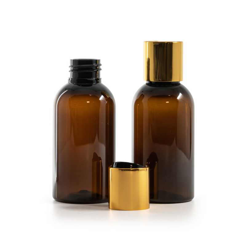 Bouteille en plastique ambrée, bouchon en plastique noir avec col en aluminium doré, 250 ml-copie
