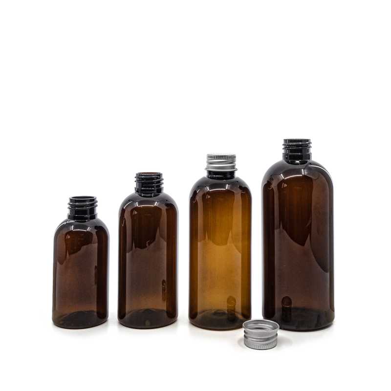 Bouteille en plastique ambrée, bouchon en aluminium argenté, 300 ml