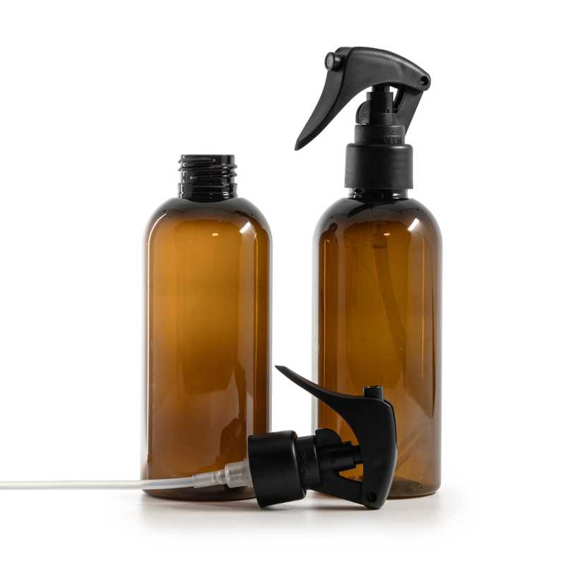 Flacon en plastique ambré, mini vaporisateur à gâchette, noir mat, col lisse, 200 ml