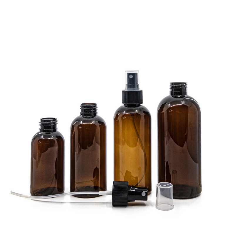 Bouteille en plastique ambrée, spray noir, 100 ml