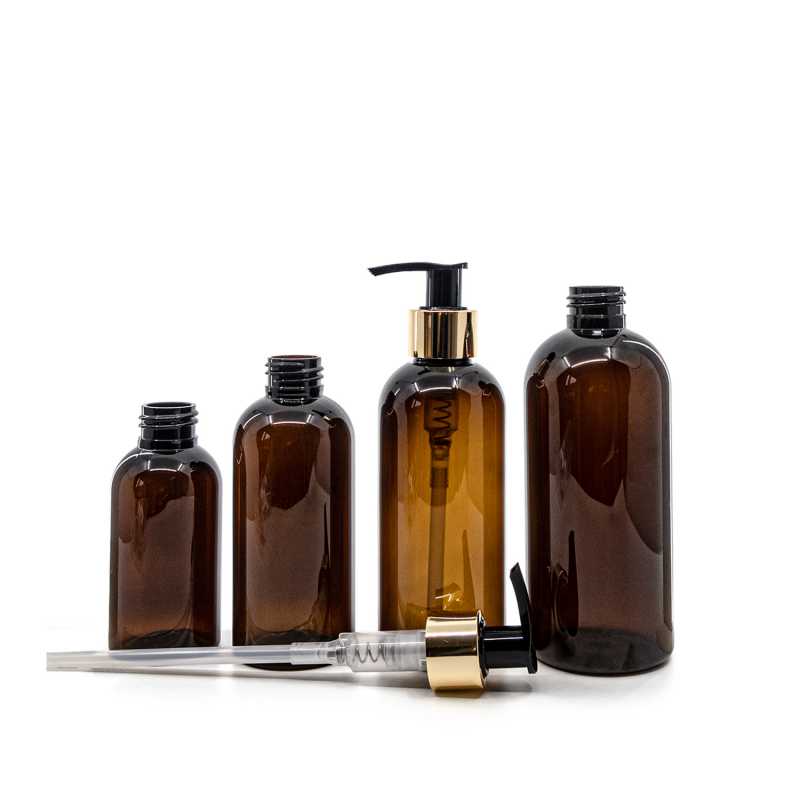 Bouteille en plastique ambrée, pompe dorée, 300 ml