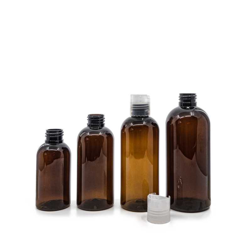 Bouteille en plastique ambrée, bouchon transparent, 200 ml