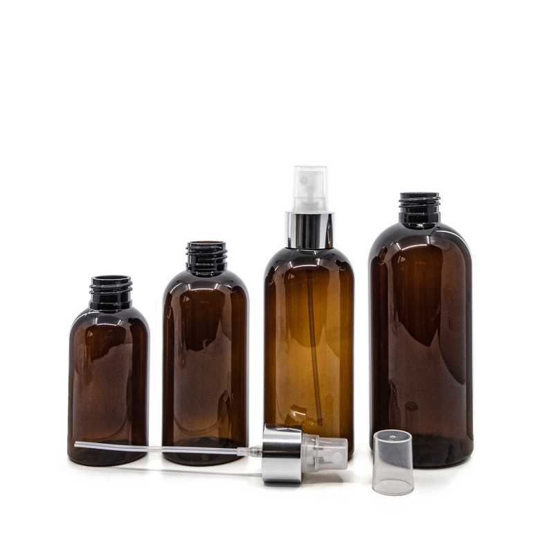 Bouteille en plastique ambrée, spray transparent avec col argenté brillant, 150 ml