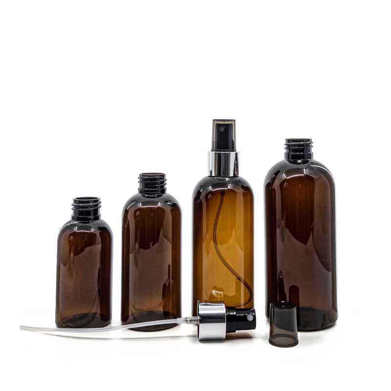 Bouteille en plastique ambrée, spray noir avec col argenté brillant, 100 ml