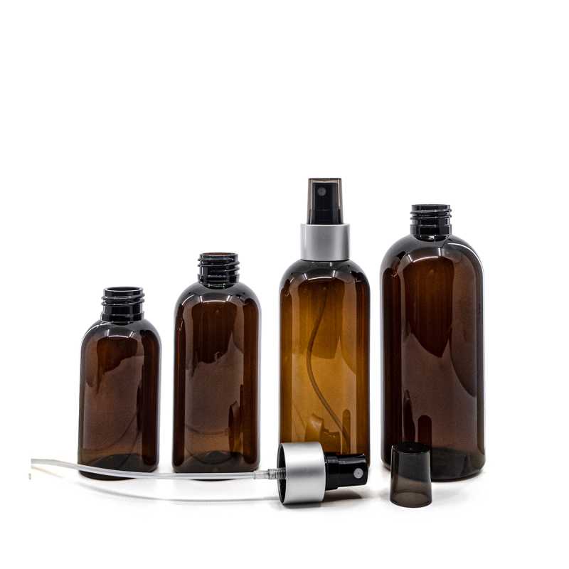Bouteille en plastique ambre, spray noir, col argenté mat, bouchon fumé, 200 ml