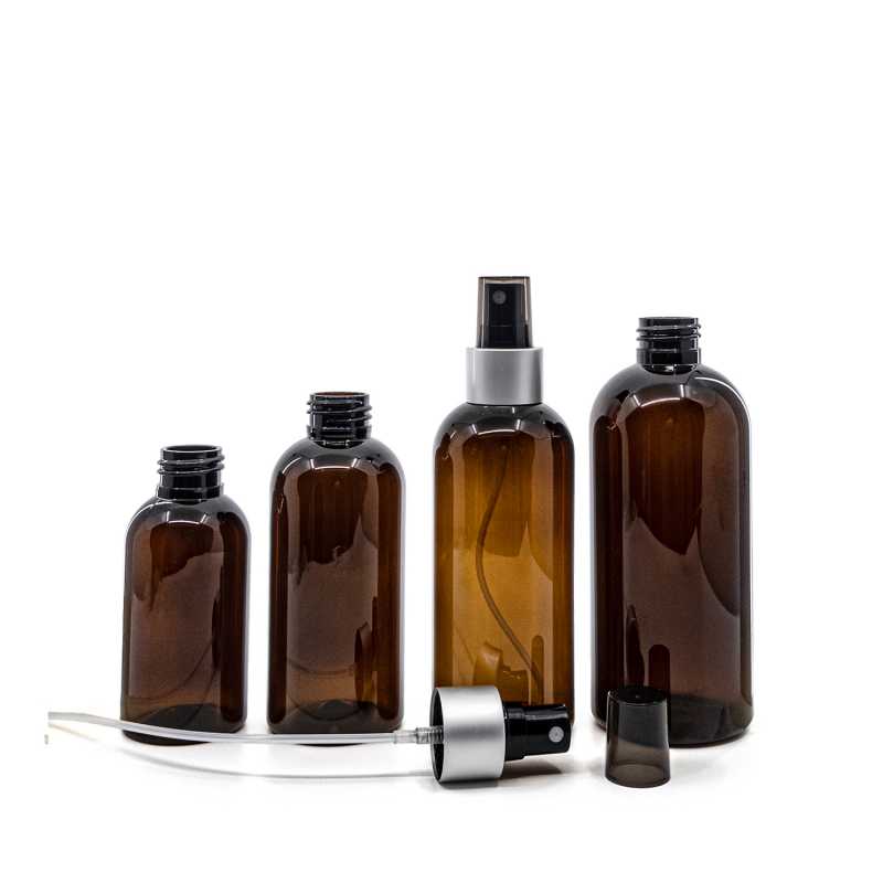 Bouteille en plastique ambrée, spray noir, col argenté mat, bouchon fumé, 300 ml