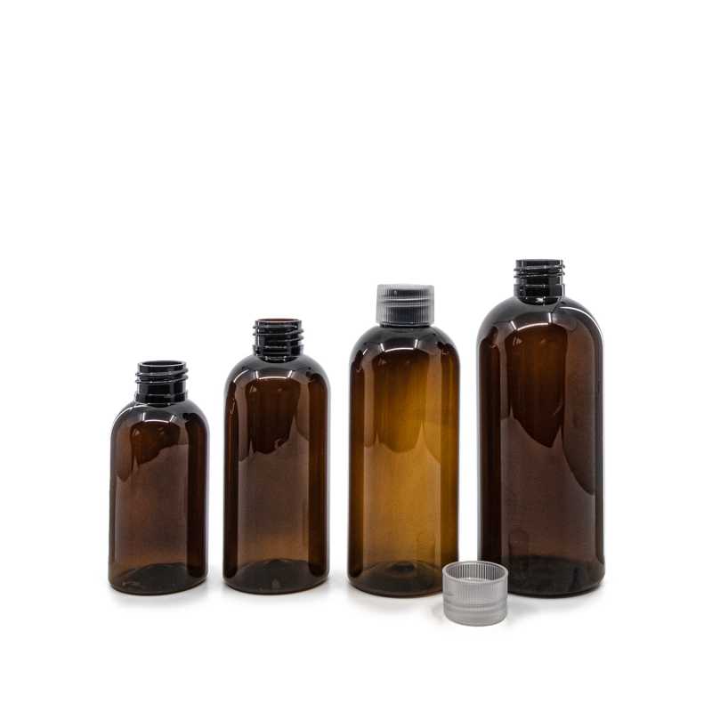 Bouteille en plastique ambrée, bouchon transparent, 150 ml