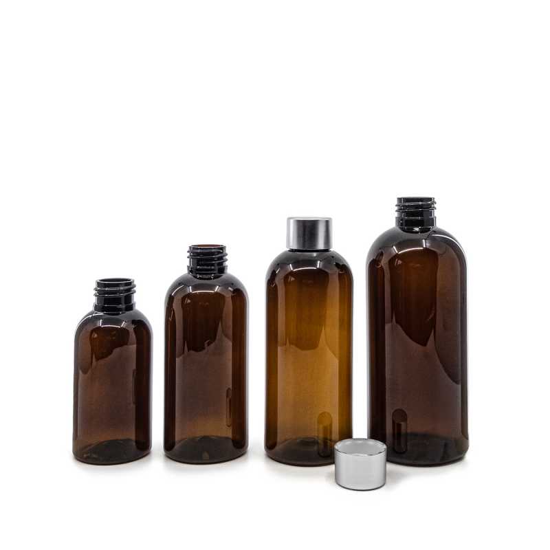 Bouteille en plastique ambrée, bouchon argenté, 200 ml