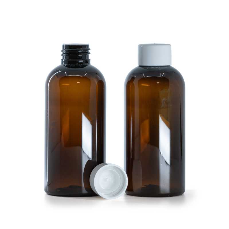 Flacon plastique ambre, bouchon lisse blanc avec réducteur, 150 ml