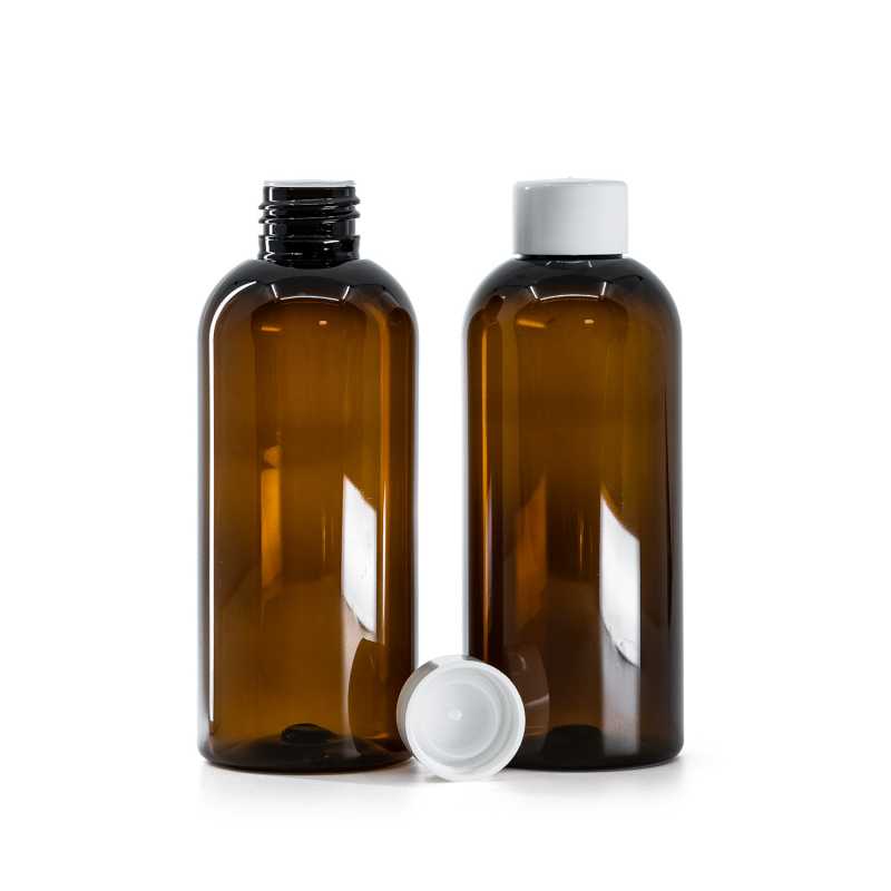 Flacon en plastique ambré, bouchon blanc lisse avec réducteur, 200 ml