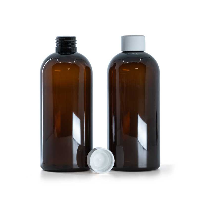 Flacon en plastique ambré, bouchon blanc lisse avec réducteur, 300 ml