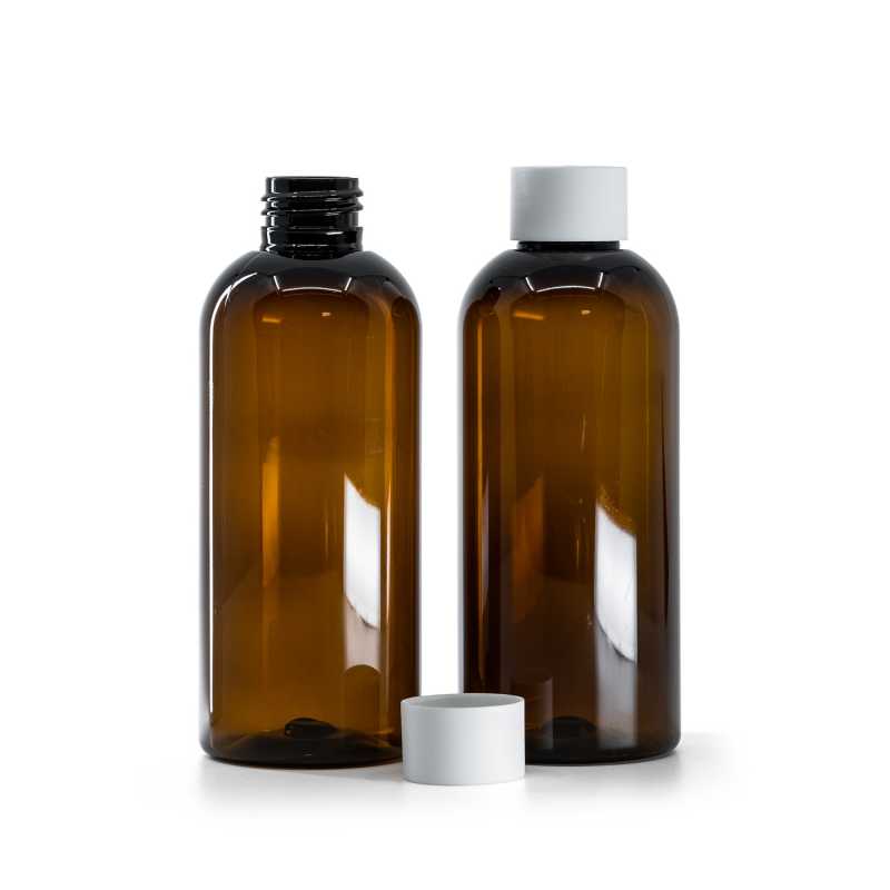 Flacon en plastique ambré, bouchon blanc mat, 200 ml