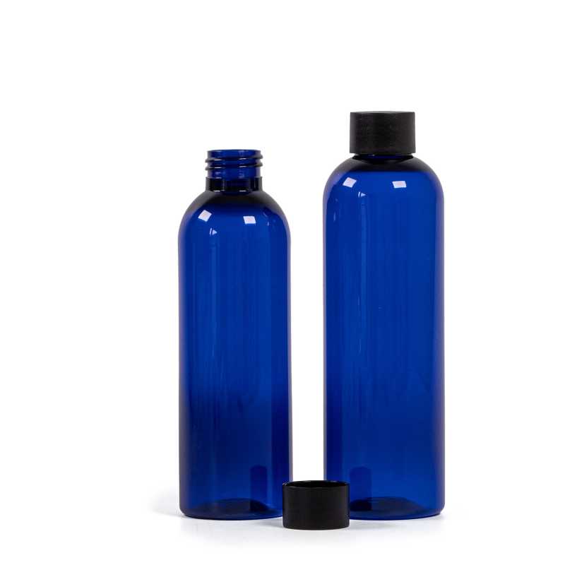 Bouteille en plastique bleue, 24/410, bouchon en plastique noir mat, 250 ml