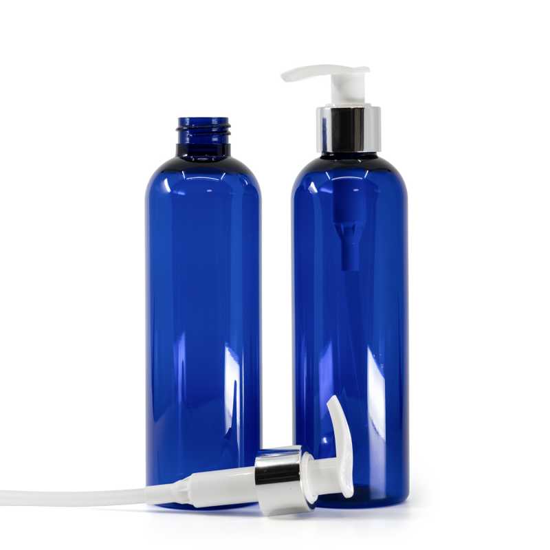 Bouteille en plastique bleu, pompe à lotion blanche avec col argenté brillant, 250 ml