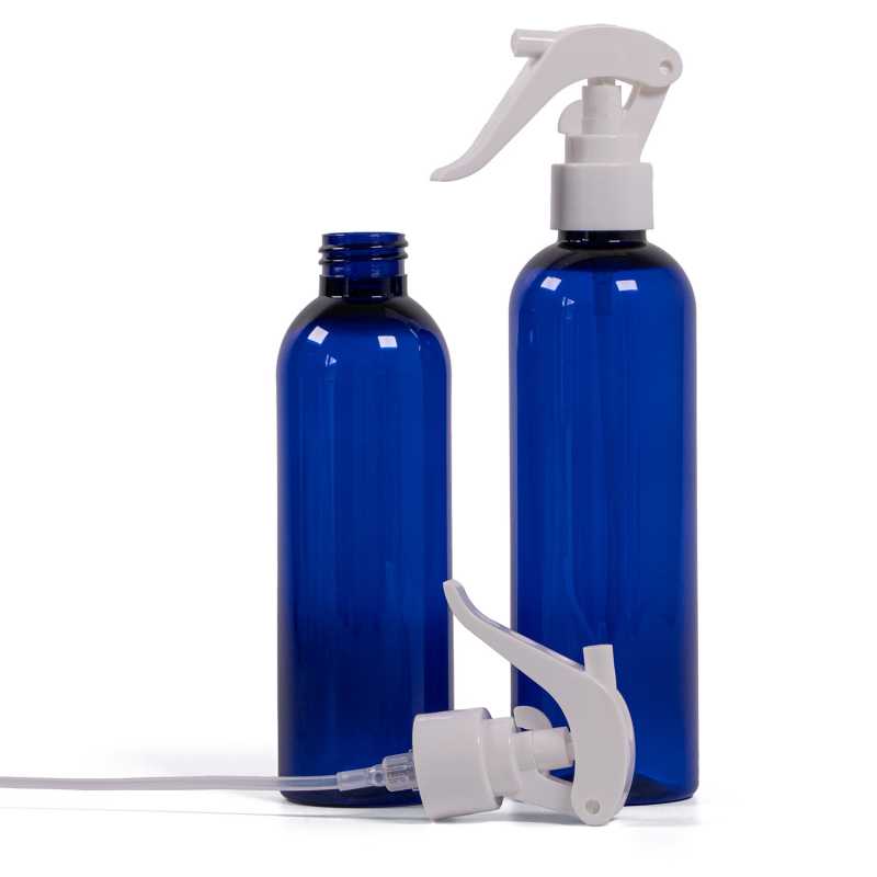 Bouteille en plastique bleue, vaporisateur à gâchette blanc, 200 ml