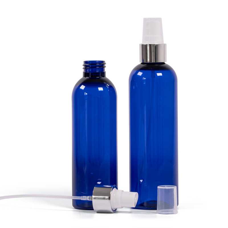 Bouteille en plastique bleu, vaporisateur blanc avec col argenté brillant, 200 ml