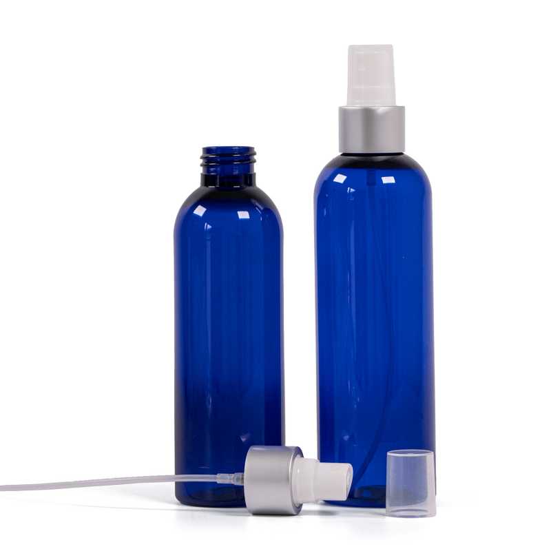 Bouteille en plastique bleu, spray blanc avec col argenté mat, 250 ml