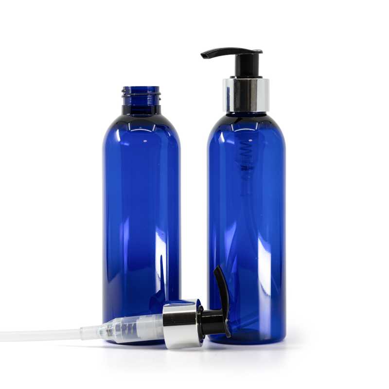 Flacon en plastique bleu, pompe à lotion noire avec col argenté brillant, 200 ml