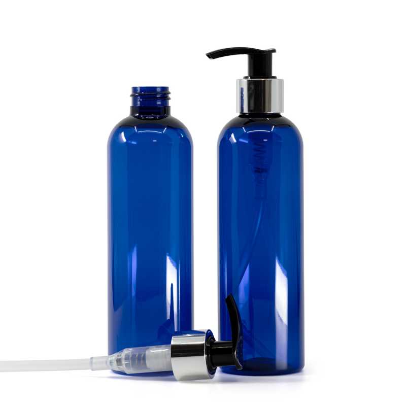 Bouteille en plastique bleu, pompe à lotion noire avec col argenté brillant, 250 ml