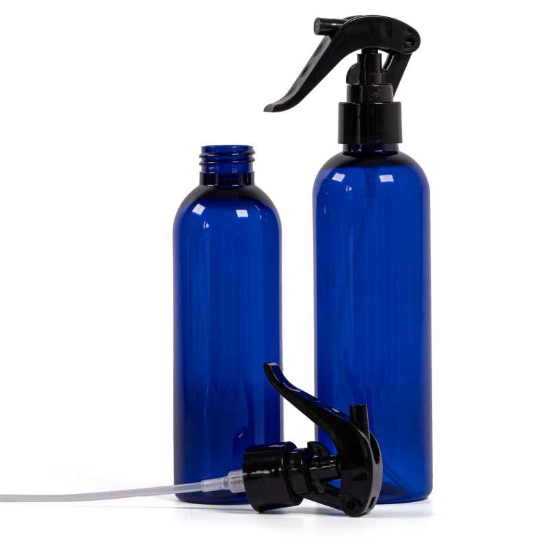 Bouteille en plastique bleu, vaporisateur à gâchette noir, 250 ml