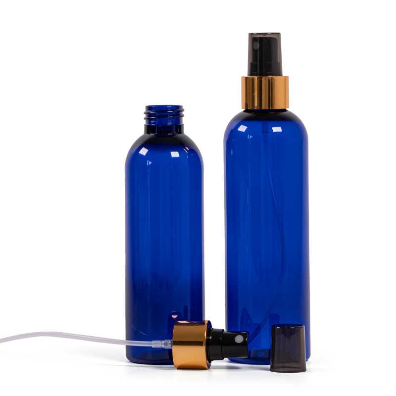 Bouteille en plastique bleu, vaporisateur noir avec collier doré brillant, 200 ml