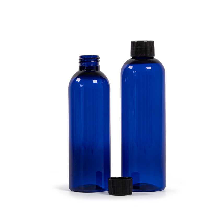 Bouteille en plastique bleue, bouchon nervuré noir, 200 ml