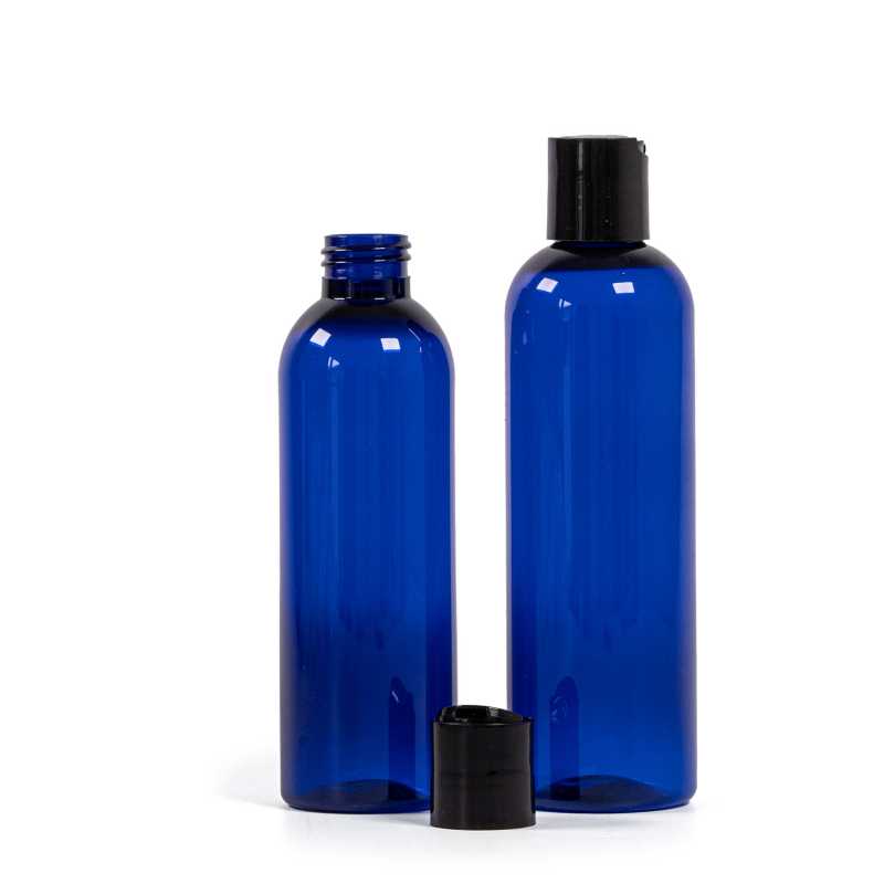 Bouteille en plastique bleue, bouchon à disque noir, 200 ml