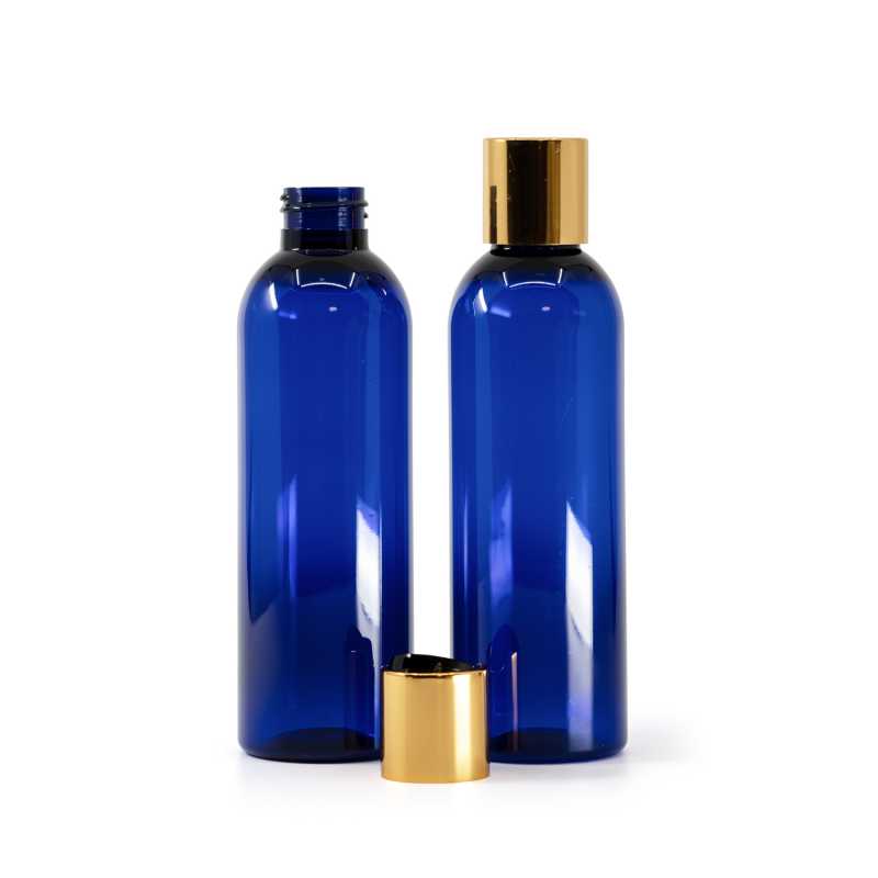 Bouteille en plastique bleu, bouchon en plastique noir avec col en aluminium doré, 200 ml