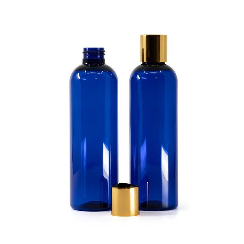 Bouteille en plastique bleu, bouchon en plastique noir avec col en aluminium doré, 250 ml
