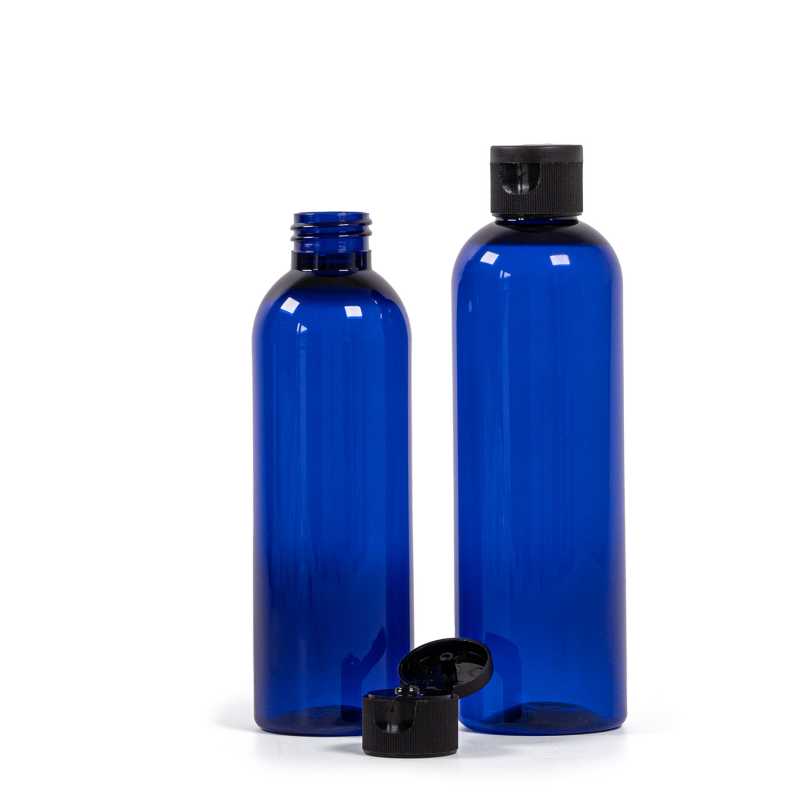 Bouteille en plastique bleue, bouchon noir, 250 ml