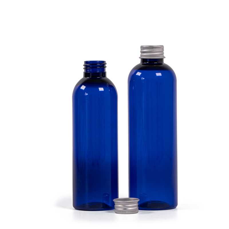 Bouteille en plastique bleu, bouchon en aluminium argenté, 250 ml