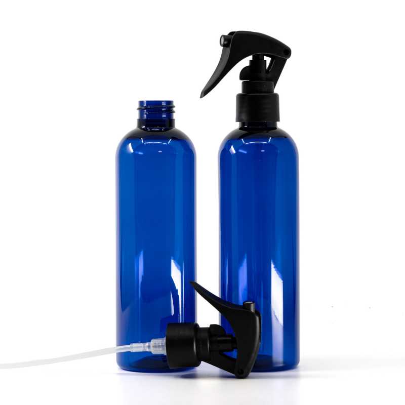 Flacon en plastique bleu, mini-vaporisateur à gâchette, noir mat, col lisse, 250 ml