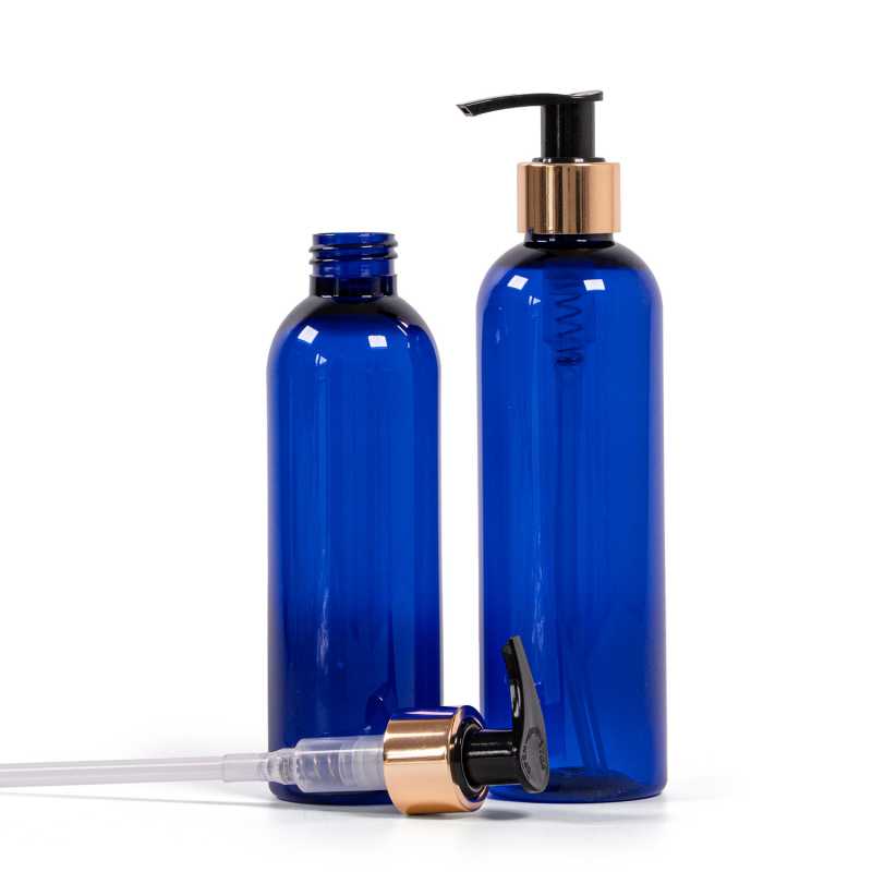 Bouteille en plastique bleue, pompe dorée, 200 ml