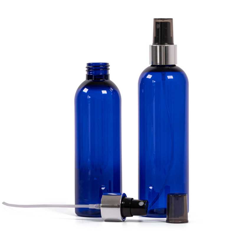 Bouteille en plastique bleu, vaporisateur noir avec col argenté brillant, 200 ml