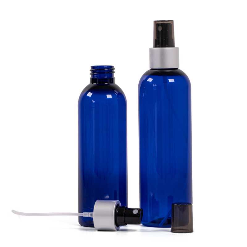 Bouteille en plastique bleu, spray noir, col argenté mat, bouchon fumé, 200 ml