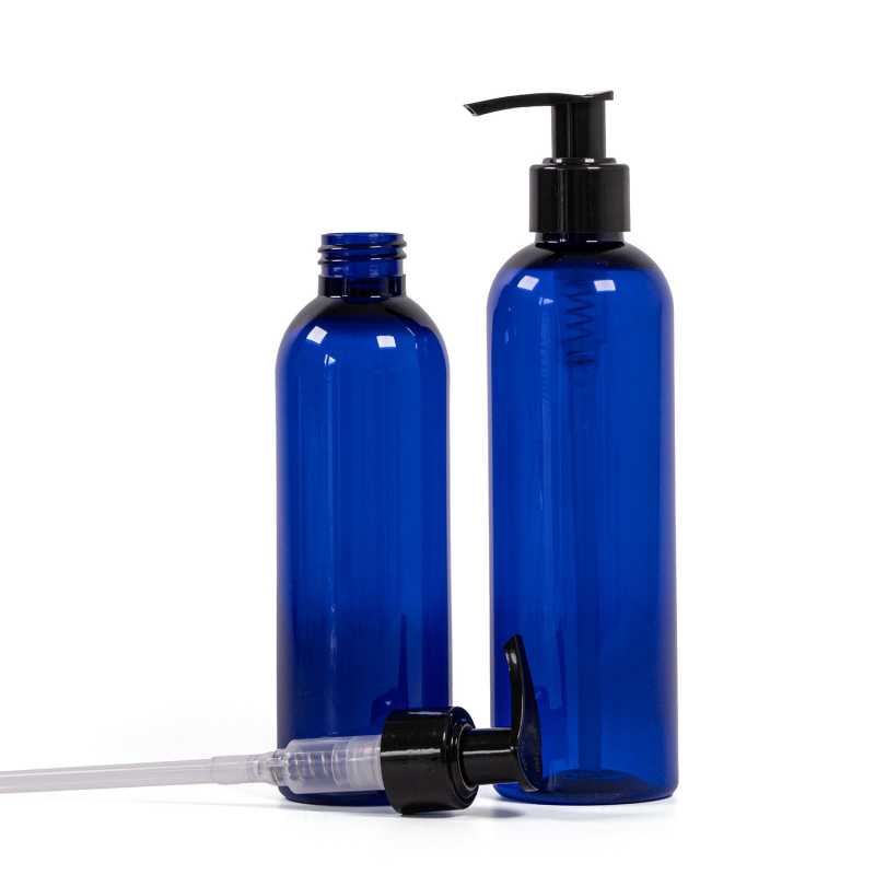 Bouteille en plastique bleu, pompe lisse noire, 200 ml