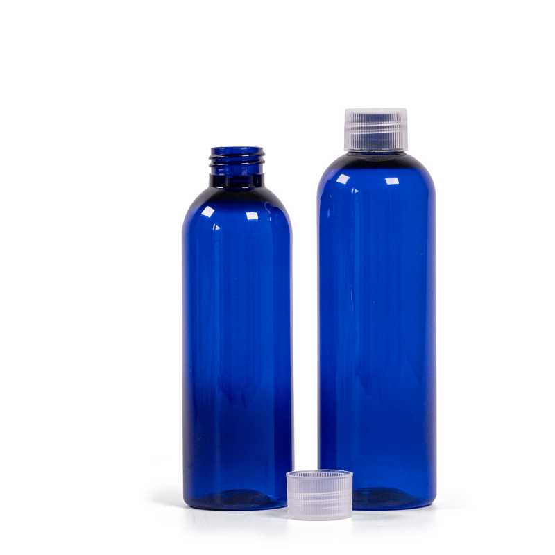 Bouteille en plastique bleue, bouchon transparent, 250 ml
