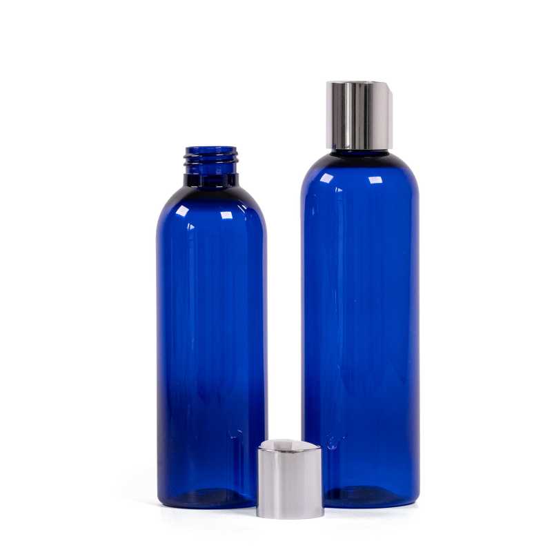 Bouteille en plastique bleue, couvercle argenté, 200 ml