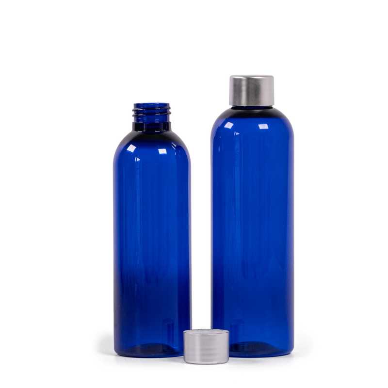 Bouteille en plastique bleue, bouchon argenté, 250 ml