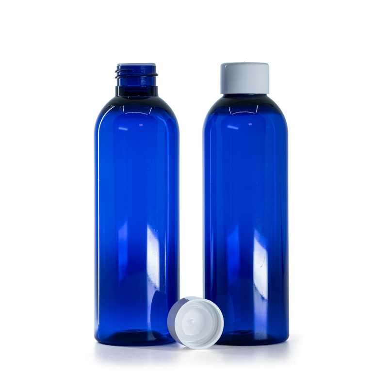 Flacon en plastique bleu, bouchon blanc lisse avec réducteur, 200 ml