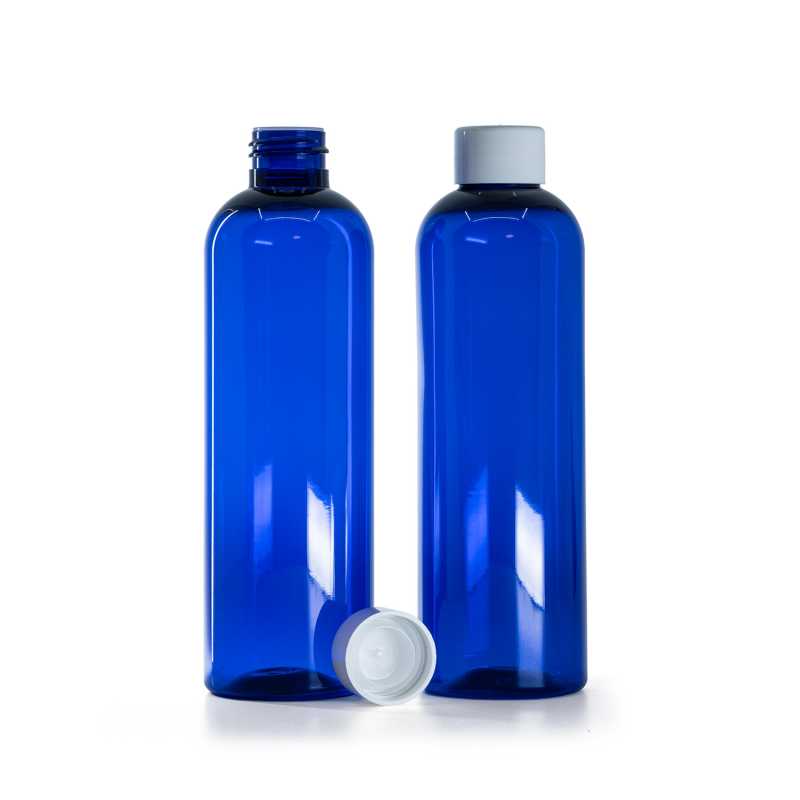 Flacon en plastique bleu, bouchon lisse blanc avec réducteur, 250 ml